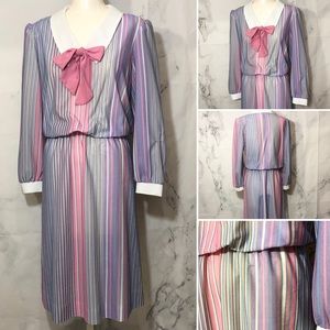 VTG 1970’s Rainbow Pastel Striped Pussybow Dress